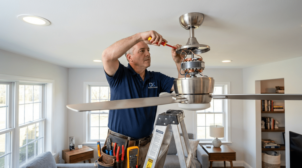 An Electrician stands on a ladder installing or repairing a ceiling fan in a well-lit living room, assisting a smart homeowner during their renovation, using a screwdriver and wearing a tool belt.