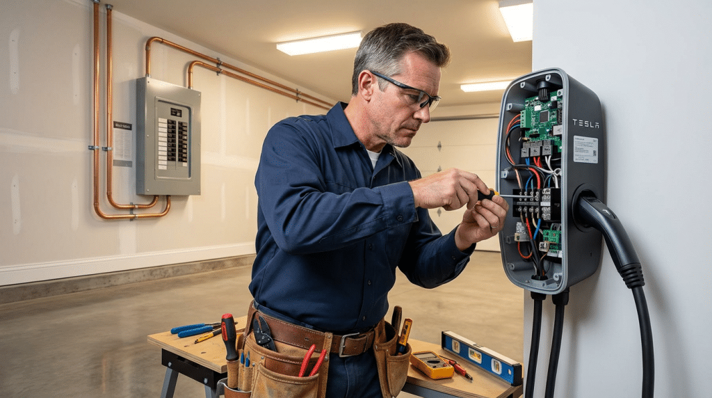 An electrician wearing safety glasses installs a Tesla wall charger in a garage, using tools and wiring equipment on a nearby workbench—perfect for the smart homeowner planning a modern renovation.