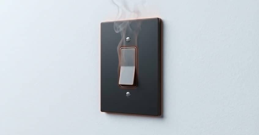 A light switch on a wall emitting visible smoke and a noticeable burning plastic smell, suggesting possible overheating or electrical malfunction.