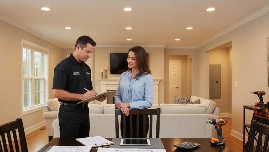 A man in a black uniform shows paperwork to a woman in a light blue blouse in a well-lit living room, possibly discussing the cost to install recessed lighting, with tools and documents spread on the table.