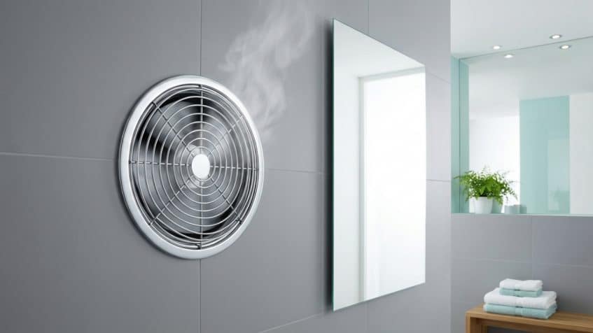 A wall mounted bathroom exhaust fan expels steam near a mirror in a tiled bathroom, with a plant and folded towels on the counter, showcasing effective exhaust fan installation.