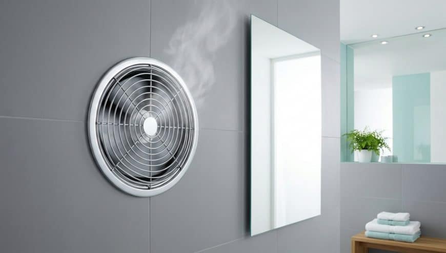 A wall mounted bathroom exhaust fan expels steam near a mirror in a tiled bathroom, with a plant and folded towels on the counter, showcasing effective exhaust fan installation.