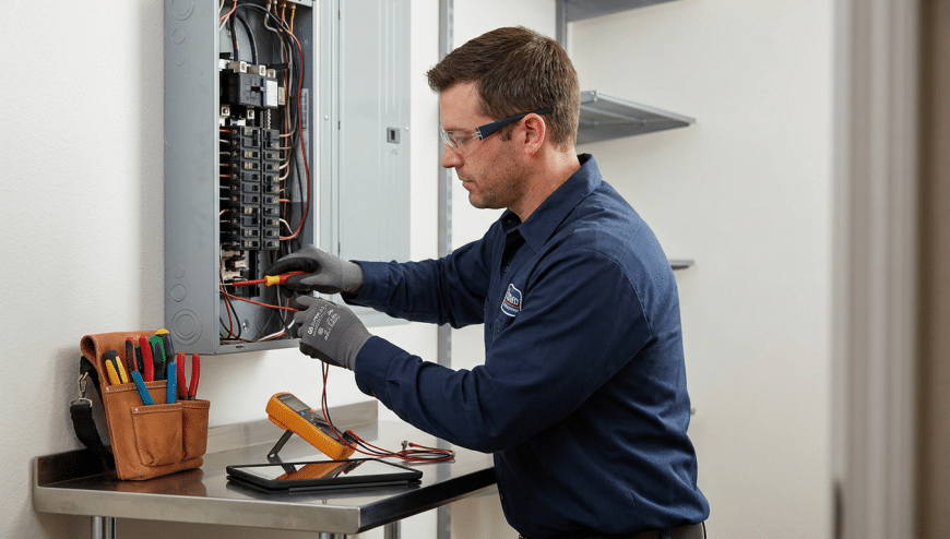 An expert electrician in Pemberton NJ, wearing safety glasses and gloves, uses a multimeter to check wiring inside an electrical panel; tools and a tablet are on a nearby table, showcasing professional electrical solutions.