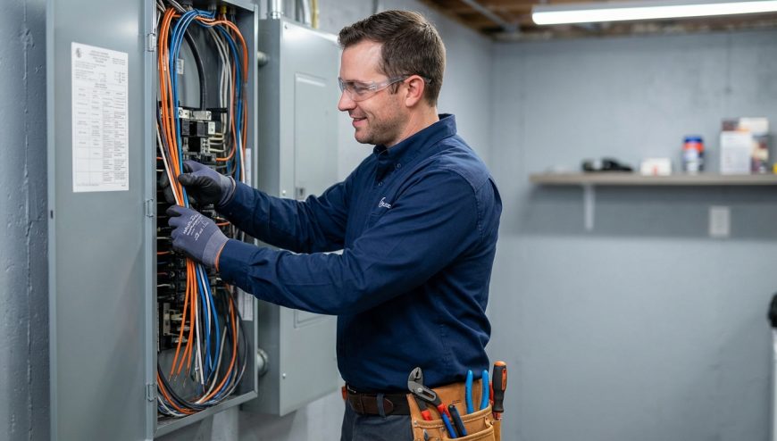 A Residential Electrician wearing safety glasses and gloves works on wiring inside an open electrical panel in a Hamilton NJ basement, with tools visible in his belt.