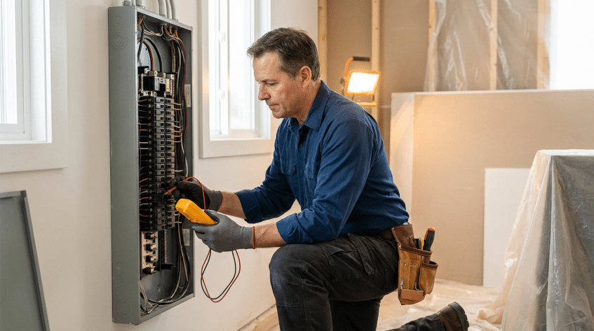 An electrician kneels in front of an open electrical panel, using a multimeter to test wiring. He wears work gloves, a tool belt, and a blue shirt in a well-lit room renovation—a smart homeowner’s choice for safety.